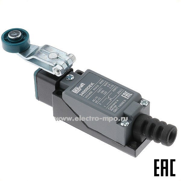 А5458. Концевой выключатель КВ-303-104 34000DEK 380В 5А 1з+1р IP65 рычаг с роликом (DEKraft)