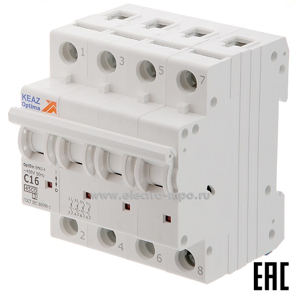 А1262. Автоматический выключатель OptiDin ВМ-63-4C16 16А/4п/ 4,5кА на Din-рейку 326821 (КЭАЗ)