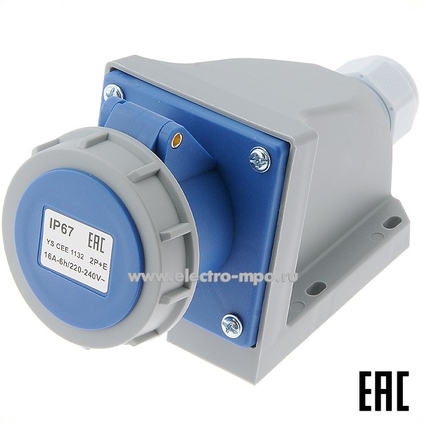 Ю5967. Розетка LEE1132 / YS CEE1132 на поверхность 2P+E 16А 240В IP67 с сальником М25 (Электромонтаж)