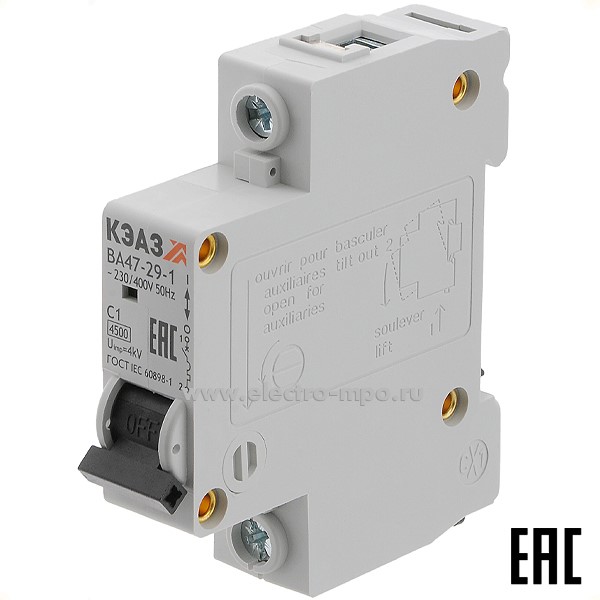 А1115. Автоматический выключатель ВА47-29-1C1 1А/1п/ 4,5кА на Din-рейку 318197 (КЭАЗ)
