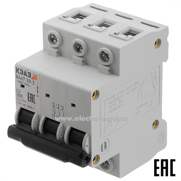 А1627. Автоматический выключатель ВА47-29-2C2 2А/3п/ 4,5кА на Din-рейку 318290 (КЭАЗ)