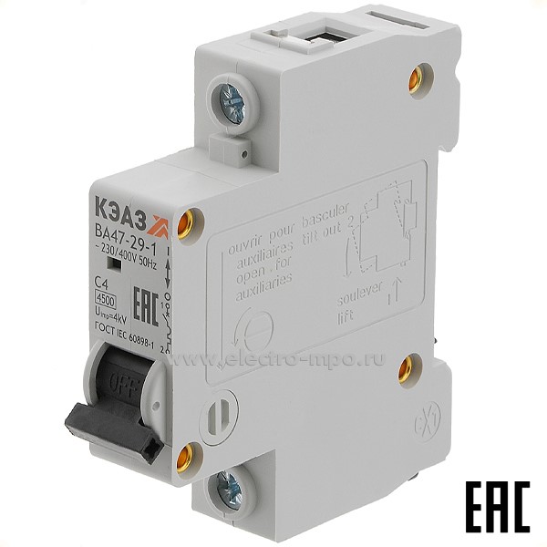 А1118. Автоматический выключатель ВА47-29-1C4 4А/1п/ 4,5кА на Din-рейку 318204 (КЭАЗ)