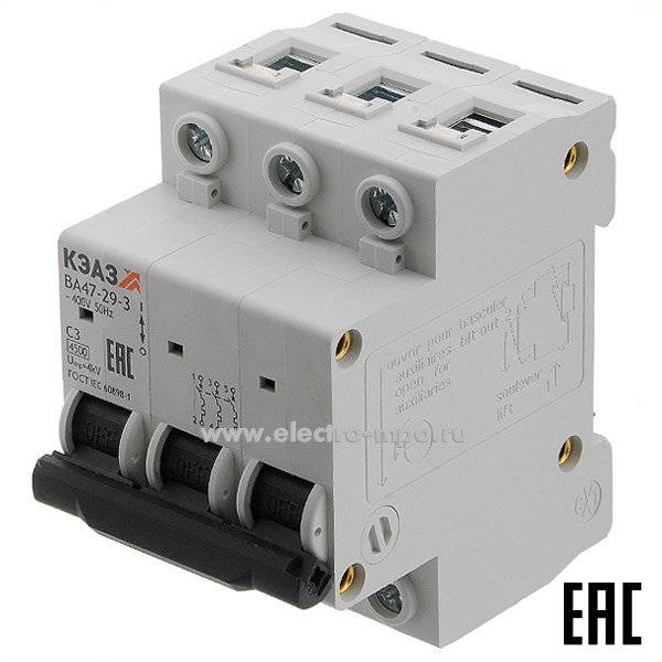 А1628. Автоматический выключатель ВА47-29-3C3 3А/3п/ 4,5кА на Din-рейку 318292 (КЭАЗ)