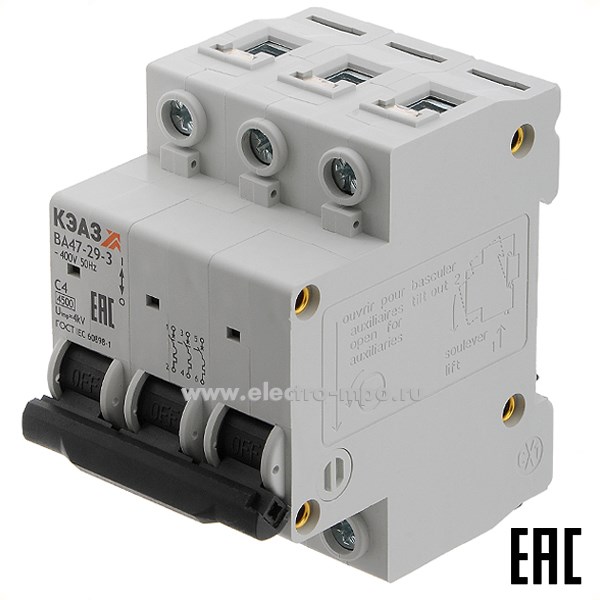 А1629. Автоматический выключатель ВА47-29-3C4 4А/3п/ 4,5кА на Din-рейку 318294 (КЭАЗ)