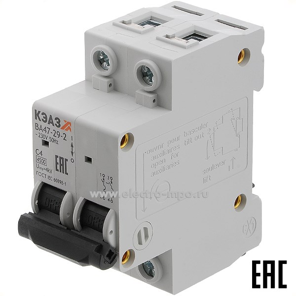 А1253. Автоматический выключатель ВА47-29-2C4 4А/2п/ 4,5кА на Din-рейку 318249 (КЭАЗ)