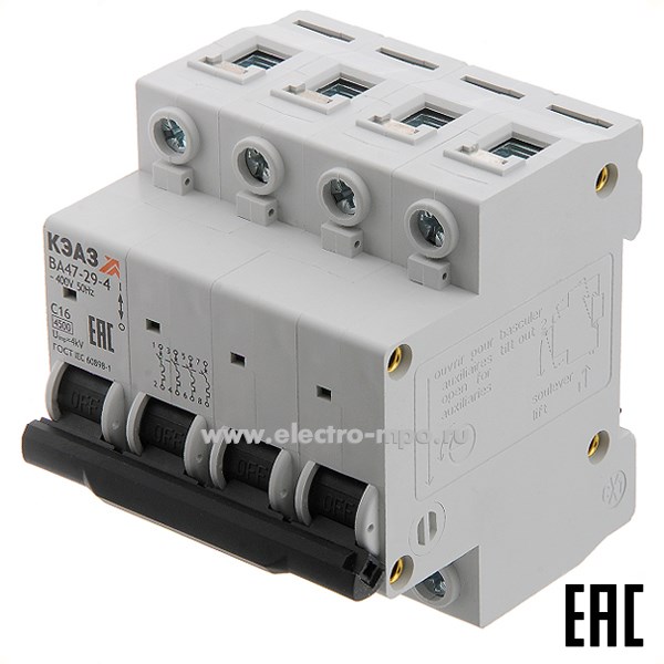 А1646. Автоматический выключатель ВА47-29-4C16 16А/4п/ 4,5кА на Din-рейку 318331 (КЭАЗ)