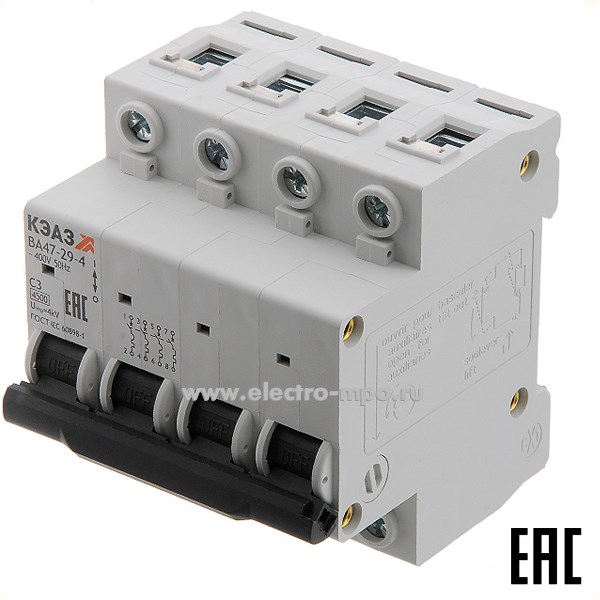 А1642. Автоматический выключатель ВА47-29-4C3 3А/4п/ 4,5кА на Din-рейку 318337 (КЭАЗ)