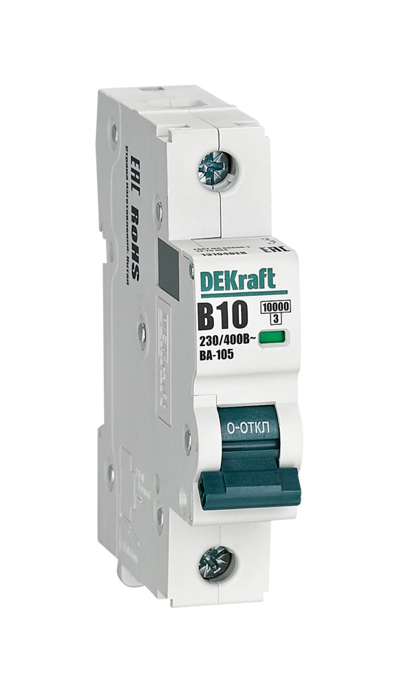 А01. Автоматический выключатель ВА-105 13104DEK 1P 10A х-ка B 10кА (DEKraft)