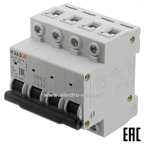 А1644. Автоматический выключатель ВА47-29-4C6 6А/4п/ 4,5кА на Din-рейку 318343 (КЭАЗ)