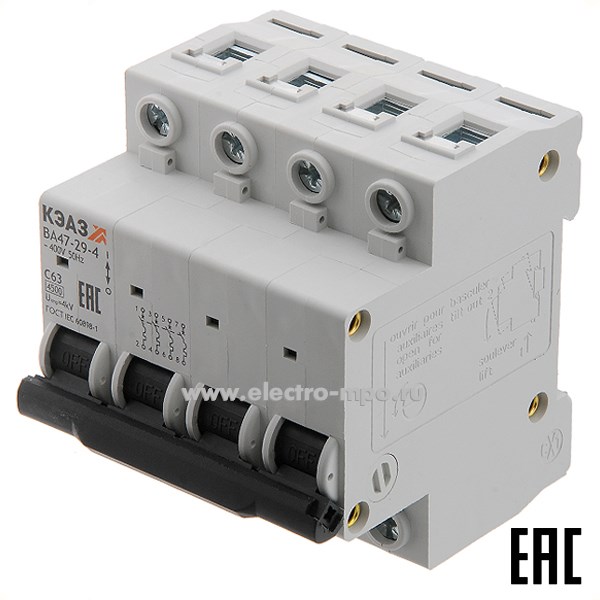 А1652. Автоматический выключатель ВА47-29-4C63 63А/4п/ 4,5кА на Din-рейку 318342 (КЭАЗ)