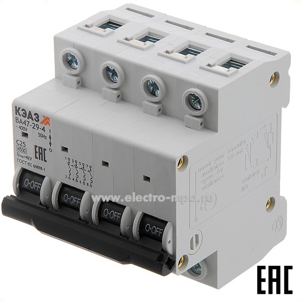 А1648. Автоматический выключатель ВА47-29-4C25 25А/4п/ 4,5кА на Din-рейку 318334 (КЭАЗ)