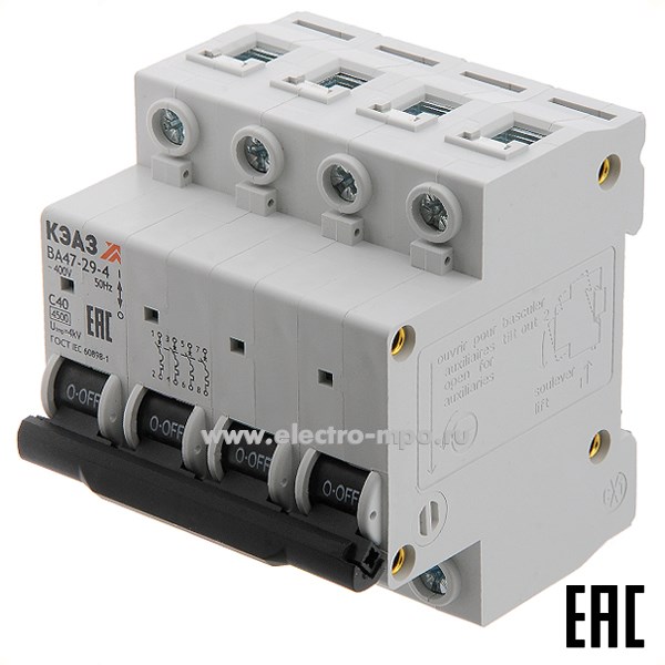 А1650. Автоматический выключатель ВА47-29-4C40 40А/4п/ 4,5кА на Din-рейку 318338 (КЭАЗ)