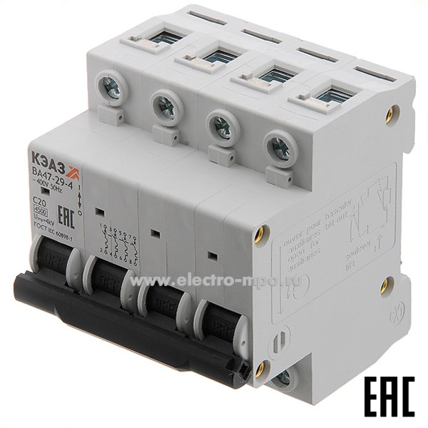 А1647. Автоматический выключатель ВА47-29-4C20 20А/4п/ 4,5кА на Din-рейку 318333 (КЭАЗ)