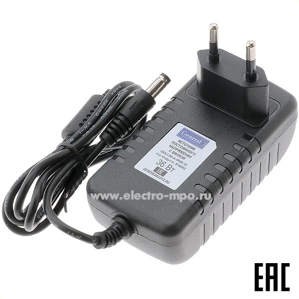 С1054. Блок питания 510003 GDLI-36-A-IP20-12 с вилкой к светодиодной ленте 220В/12В пост. тока 36Вт (Gener