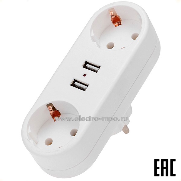 Р43. Двойник 11-1090 электрический линейный 16А с/з + 2 USB-порта 2,4 А белый (Rexant)