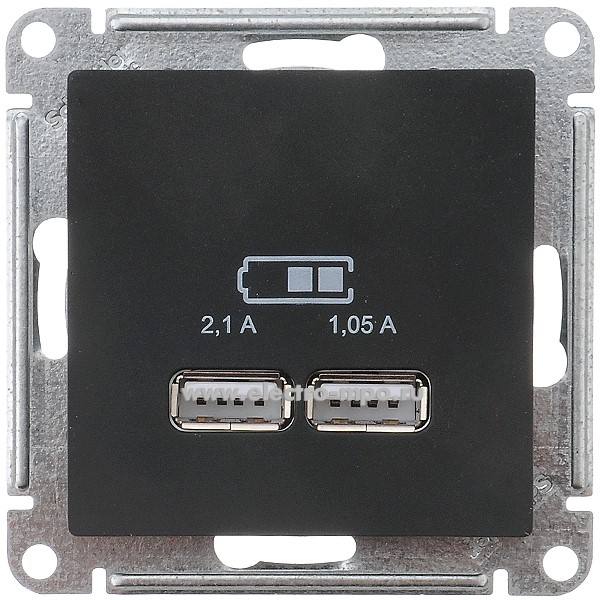 Ю4259. Механизм AtlasDesign ATN001033 зарядного устройства 2хUSB тип А 5В 2100мА с/п карбон (Systeme)