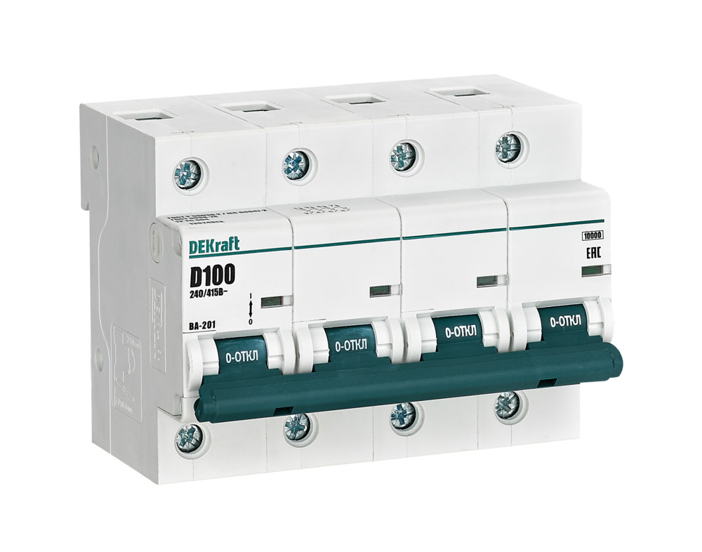 А05. Автоматический выключатель ВА-201-4P-100A-D 13024DEK D100А/4п/ 10кА на Din-рейку (DEKraft)
