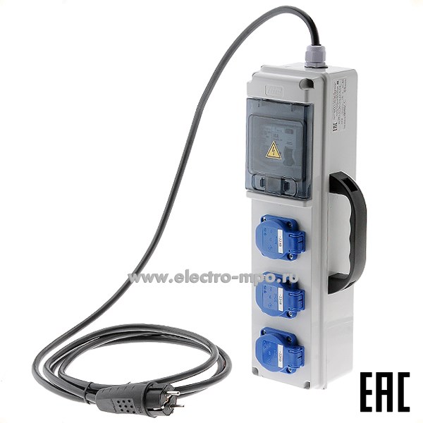 Б4900. Щит ЩР0-3136-3-44УХЛ4 16А пер.с ручкой IP44 с вилкой 1шт.х250В-16А и розет. 3шт.х250В-16А (МПО Элек