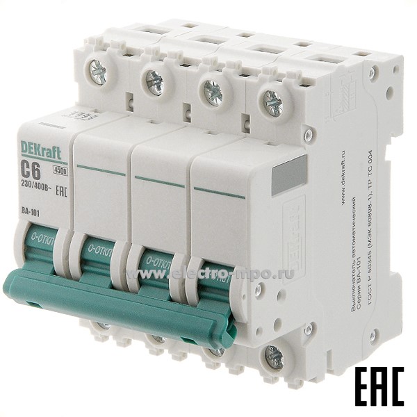 А0142. Автоматический выключатель ВА101-4P-006А-C 11088DEK C6А/4п/ 4,5кА на Din-рейку (DEKraft)