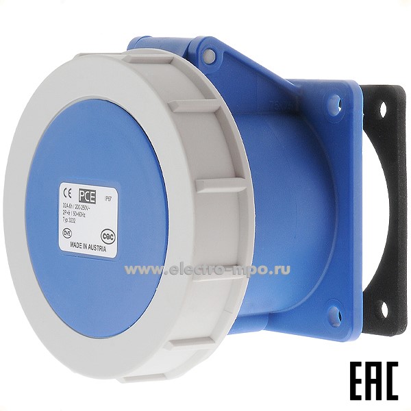 Р5857. Розетка 3232-6 на поверхность 2Р+Е фланец 75х75 c/п прямая 32А 250В IP67 (РСЕ Австрия)