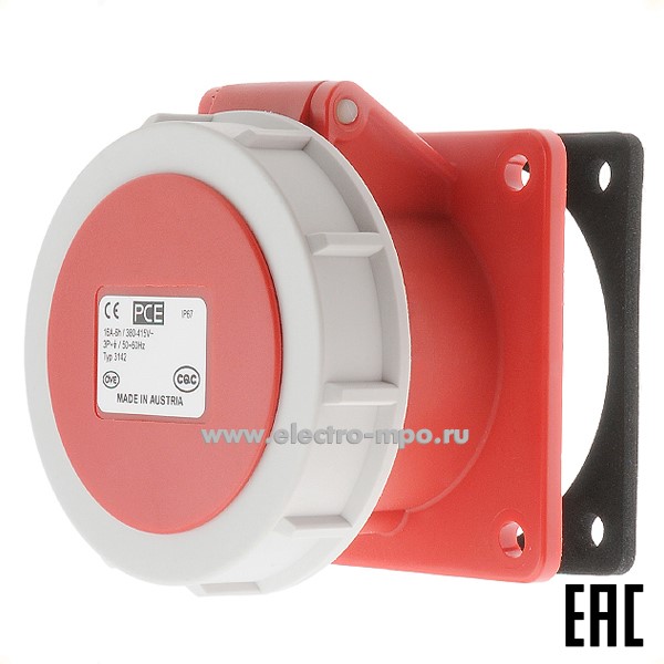 Р5860. Розетка 3142-6 на поверхность 3Р+Е фланец 75х75 с/п прямая 16А 415В IP67 (РСЕ Австрия)