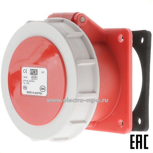 Р5864. Розетка 3152-6 на поверхность 3Р+N+Е фланец 75х75 с/п прямая 16А 415В IP67 (РСЕ Австрия)