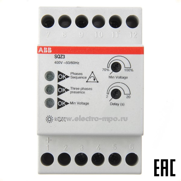 А3380. Реле контроля фаз SQZ 3 400В 10А 1 перекл. контакт ELCSQZ3 (АВВ)