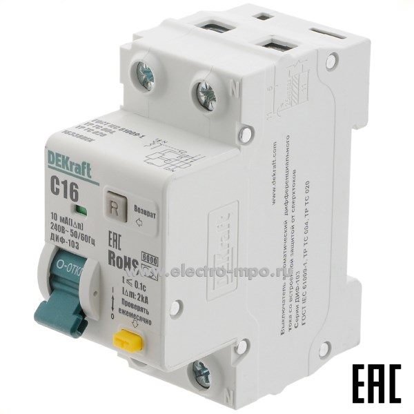 А2229. Дифф. автомат ДИФ103  16338DEK (тип А) 16А-10мА 230В 1P+N 2мод. 6,0кА х-ка С (DEKraft)