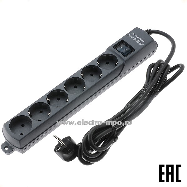 Р5345. Сетевой фильтр PILOT S-MAX (арт.106)  5 розеток "евр"+1розетка б/з 3м графит 16А 150Дж (ЗИС