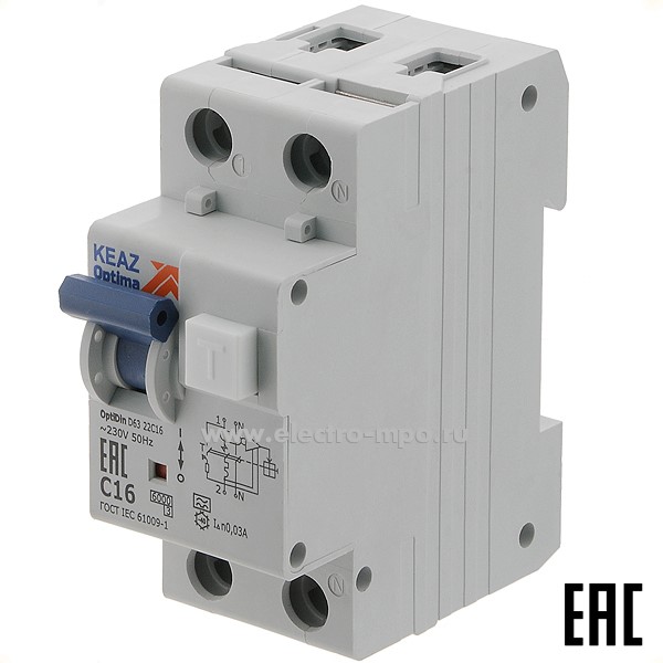 А1806. Дифф. автомат OptiDin D63-22С16-УХЛ4-А (тип А) 16А-30мА 230В 1Р+N 6кА 333142 (КЭАЗ)