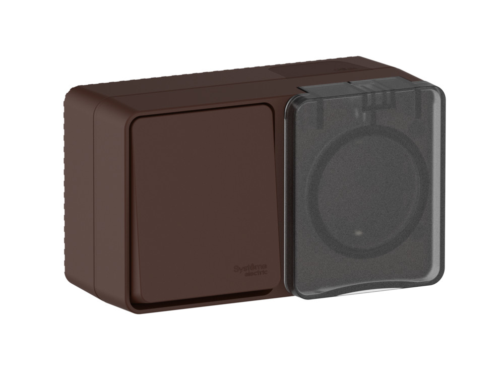 Ю5341. Блок AtlasDesign Profi54 ATN546070 (выкл. 1кл.+роз."евр" со штор.)  IP54 о/п коричневый (Systeme)