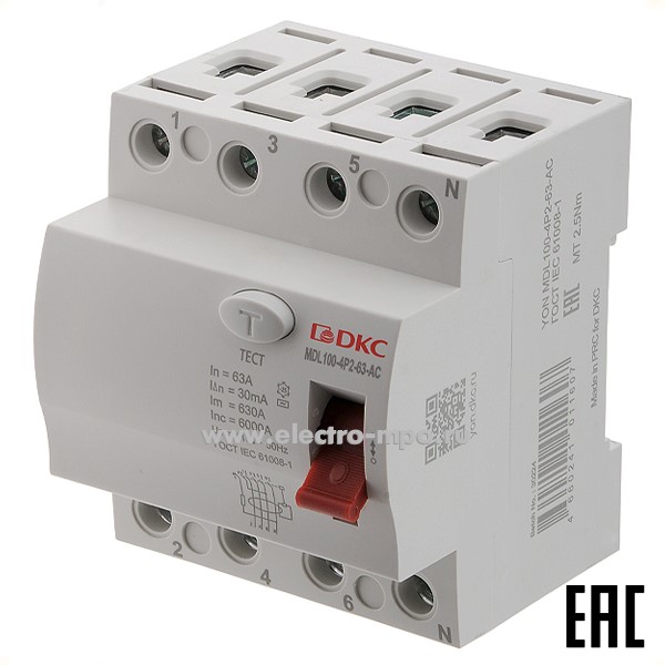 А1788. Устройство защитного откл. YON max MDL100-4P2-63-AC (тип AC) 63А-30мА 400В 4Р 6кА (ДКС)