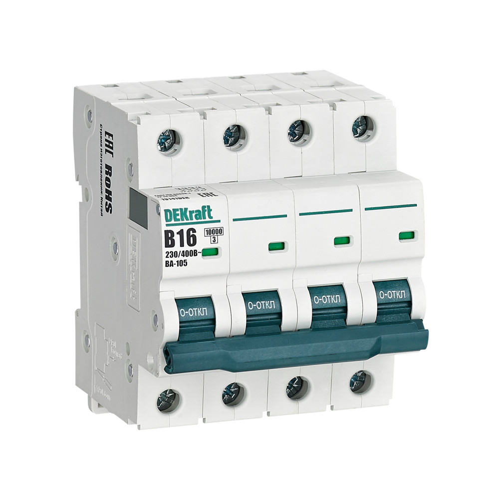 А01. Автоматический выключатель ВА-105 13141DEK 4P 16A х-ка B 10кА (DEKraft)