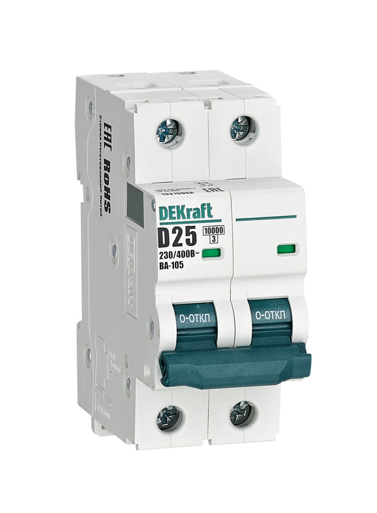А01. Автоматический выключатель ВА-105 13215DEK 2P 25A х-ка D 10кА (DEKraft)