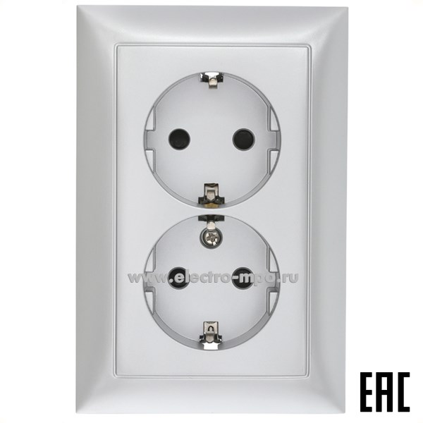 Ю0716. Розетка LK60 863703-1 двойная "евро" со шторками прямая с/п серебристый металлик (Экопласт)
