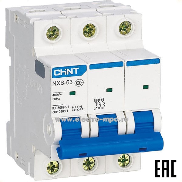К95. Автоматический выключатель NXB-63  814182 /3P/ D10A  6,0 кА (CHINT)