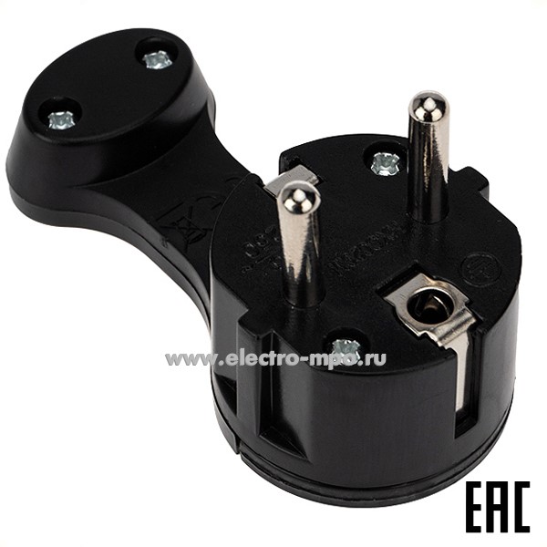 Р38. Вилка 16-0736 Евро угловая с з/к 16 А плоская за шкаф черная (Rexant)