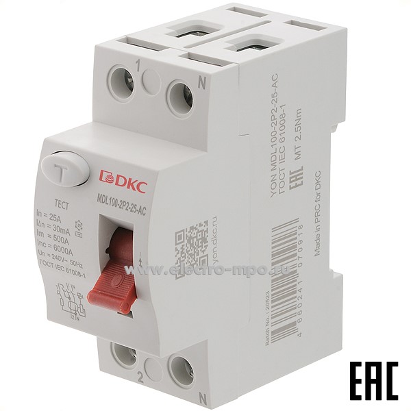 А1782. Устройство защитного откл. YON max MDL100-2P2-25-AC (тип AC) 25А-30мА 230В 2Р 6кА (ДКС)