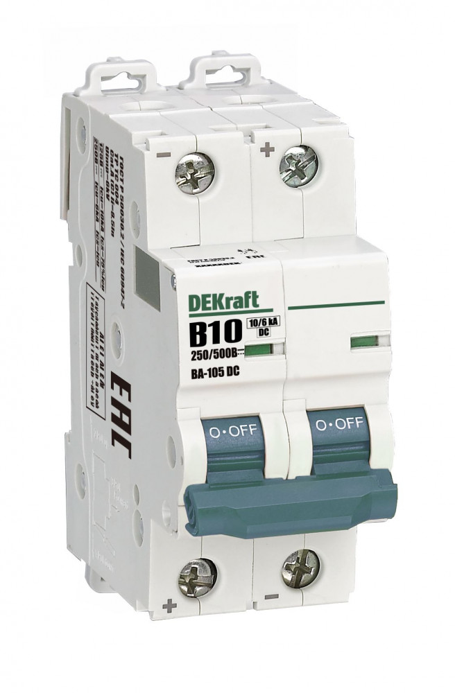 А01. Автоматический выключатель ВА-105 13366DEK 2P 10A х-ка B 500В DC (DEKraft)