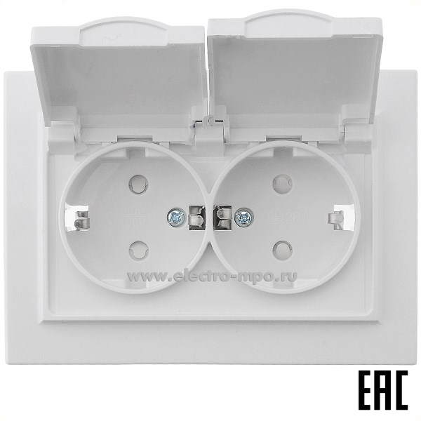 Ю1117. Розетка Эрна 49139 PST16-9015-01 2-местная с/п с/з 250В 16А с защ. шторкой крышкой белая (Stekker)