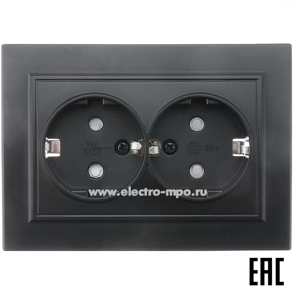 Ю1216. Розетка Эрна 39482 PST16-9014-03 2-местная с/п с/з 250В 16А с защитной шторкой чёрная (Stekker)