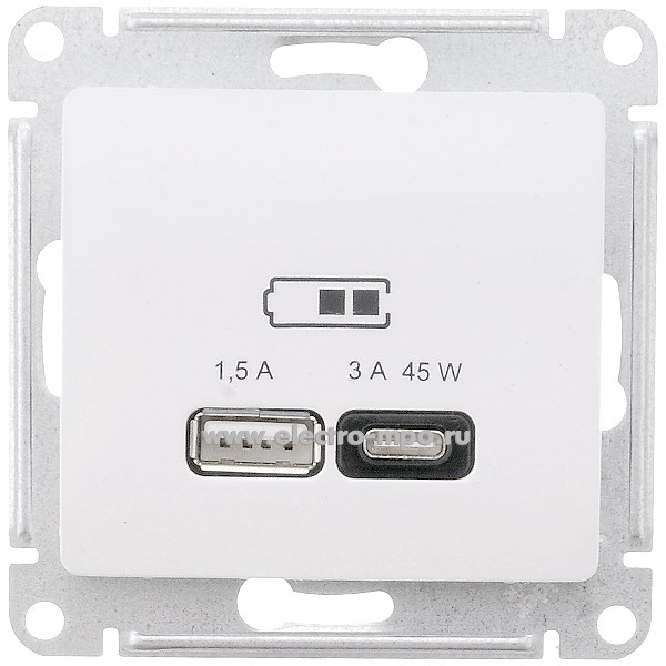 Ю0922. Механизм Glossa GSL000129 зарядного устройства 2хUSB тип А,С 45W 3А с/п белый (Systeme)