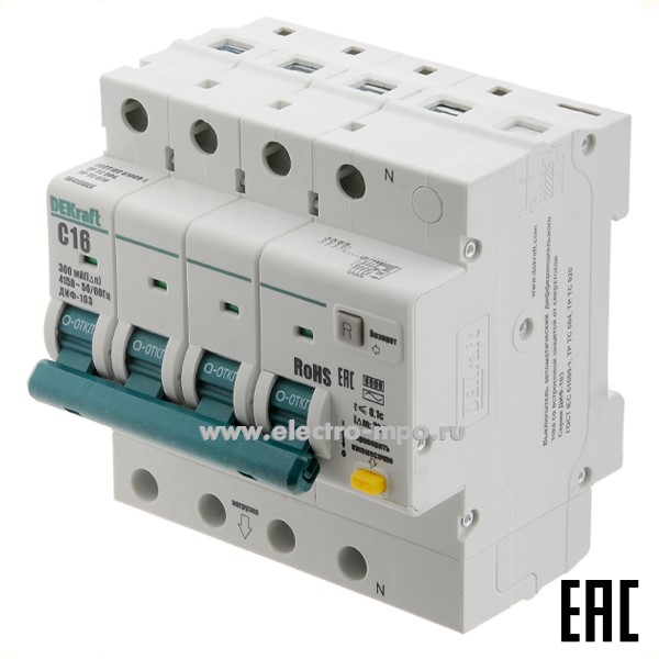 А2267. Дифф. автомат ДИФ103  16419DEK (тип АС) 16А-300мА 400В 3P+N 5мод. 6,0кА х-ка С (DEKraft)