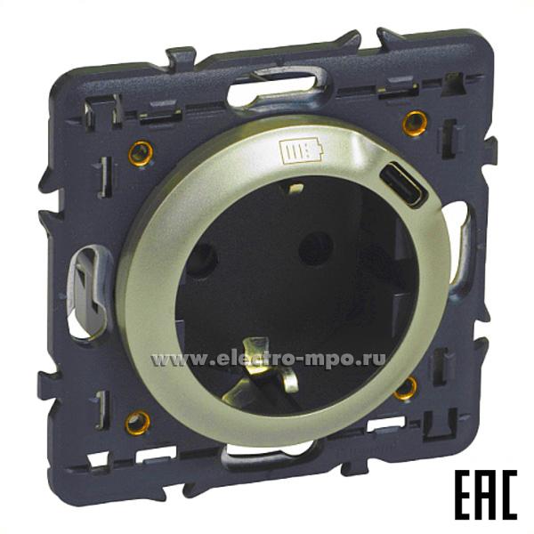 Ю6525. Механизм Celiane 068419 розетки "евр"+USB тип С 5В 1,5А с/п титан (Legrand)