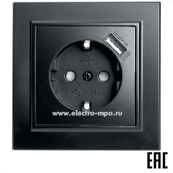 Ю1214. Розетка Эрна 39480 PST16-9011-03 1-местная с/п с/з 250В 16А с защ. шторкой USB 1А чёрная (Stekker)