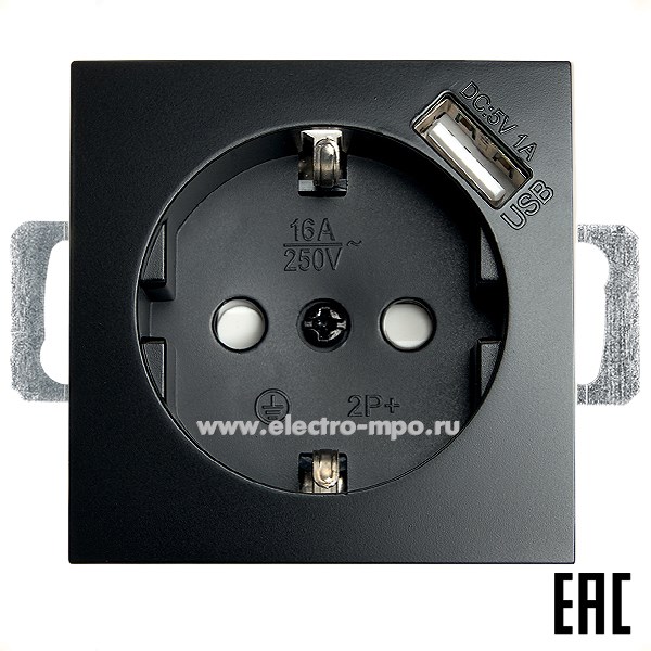 Ю1227. Механизм розетки Эрна 49155 PST16-9111-03 1-местная с/з с защ. шторкой с USB 1А чёрная (Stekker)
