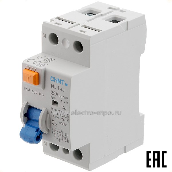 К9767. Устройство защитного отключения NL1-63  200584 (тип А) 25А-30мА 240В 1P+N 10кА (CHINT)