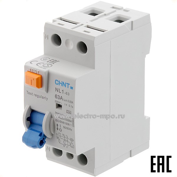 К9769. Устройство защитного отключения NL1-63  200363 (тип А) 63А-30мА 240В 1P+N 10кА (CHINT)