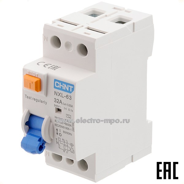 К9784. Устройство защитного отключения NХL-63  280722 (тип АС) 32А-30мА 240В 1P+N 6кА (CHINT)