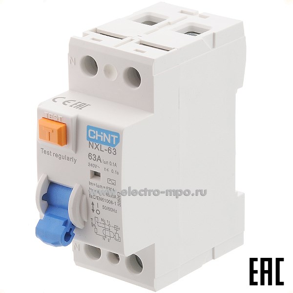 К9788. Устройство защитного отключения NХL-63  328260 (тип АС) 63А-100мА 240В 1P+N 6кА (CHINT)